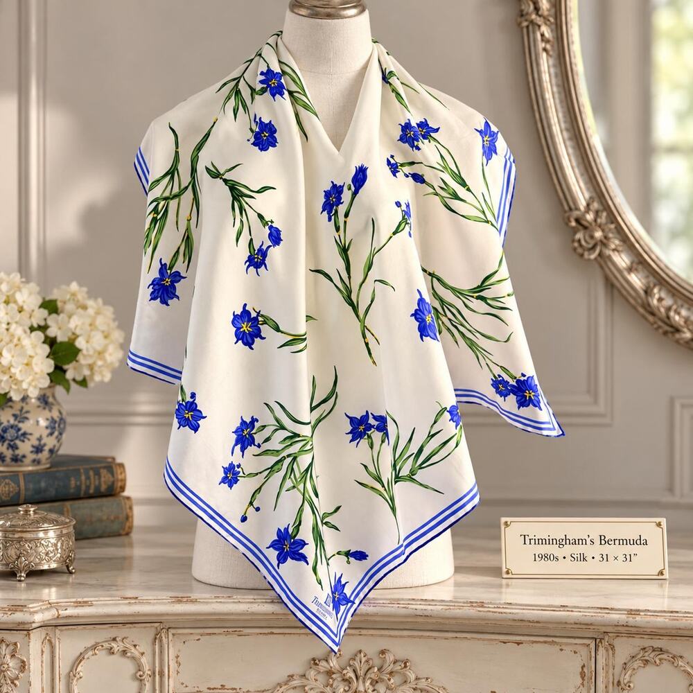 Vintage Trimingham's Bermuda 1980s Bermudiana Floral Silk Scarf Blue White 31x31